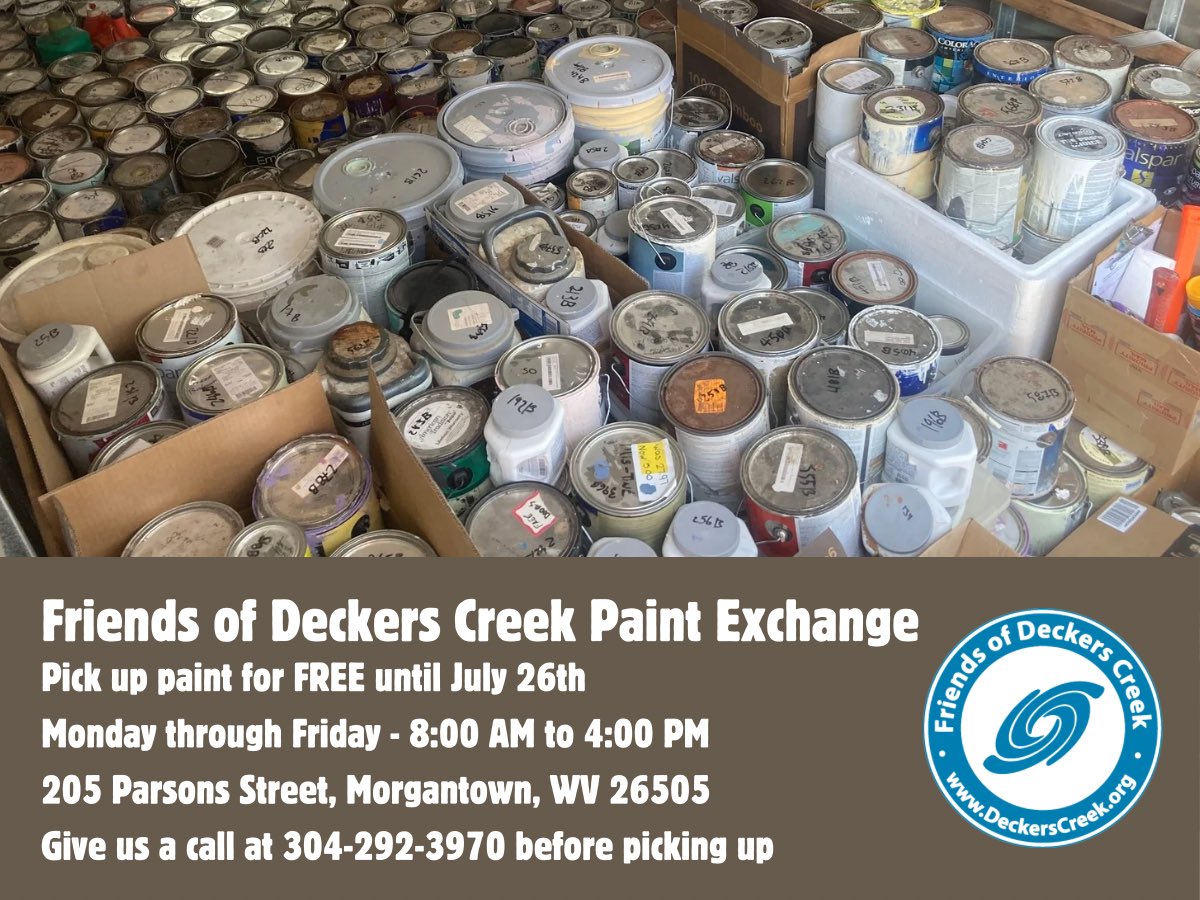 FODC_WV's tweet photo. This year’s Paint Exchange was our biggest yet! We collected over 600 cans of paint that will be put to use in new projects around our community or properly disposed of.

You can still pick up paint for the next two weeks for FREE! We are unable to accept more paint at this time. https://t.co/wr5ZNR0jOs