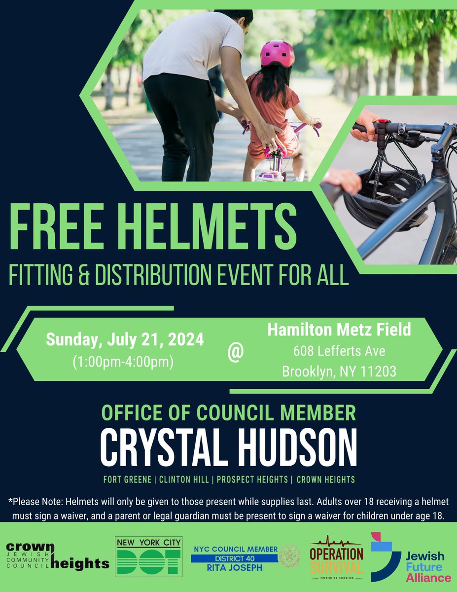 CMCrystalHudson's tweet photo. You get a helmet, you get a helmet, and you get a helmet!! We're excited to partner with @NYC_DOT this Sunday, July 21 from 1-4pm at Hamilton Metz Field to give out free helmets to our constituents (while supplies last). 🚲 https://t.co/7iGSU1XGVh