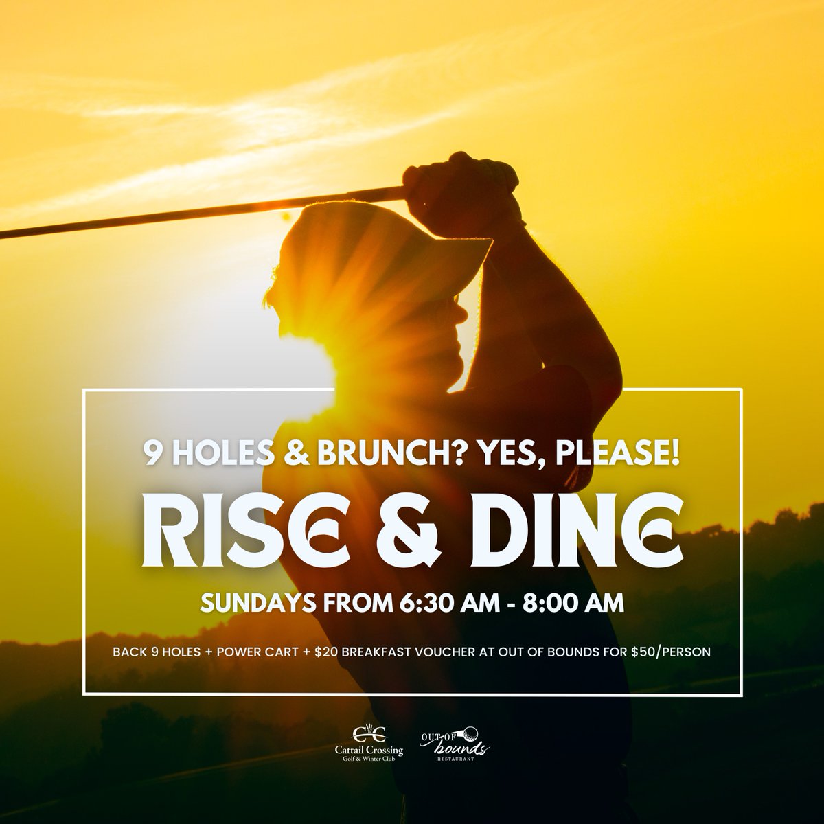 Rise &amp; Shine with Rise &amp; Dine Sundays at Cattail Crossing! 🌅 For just $50, enjoy the back 9 holes with a power cart AND a $20 food voucher! 

Tag your early bird golf buddies and let’s make Sunday mornings legendary! 🏌️‍♂️