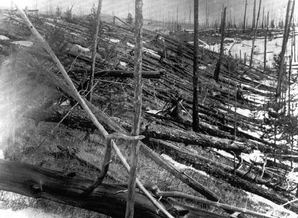 In 1908, a massive explosion occurred over the Tunguska region in Siberia, flattening an estimated 80 million trees over an area of 2,150 square kilometers. The cause is believed to be the airburst of a small comet or asteroid. The event remains one of the largest impact events