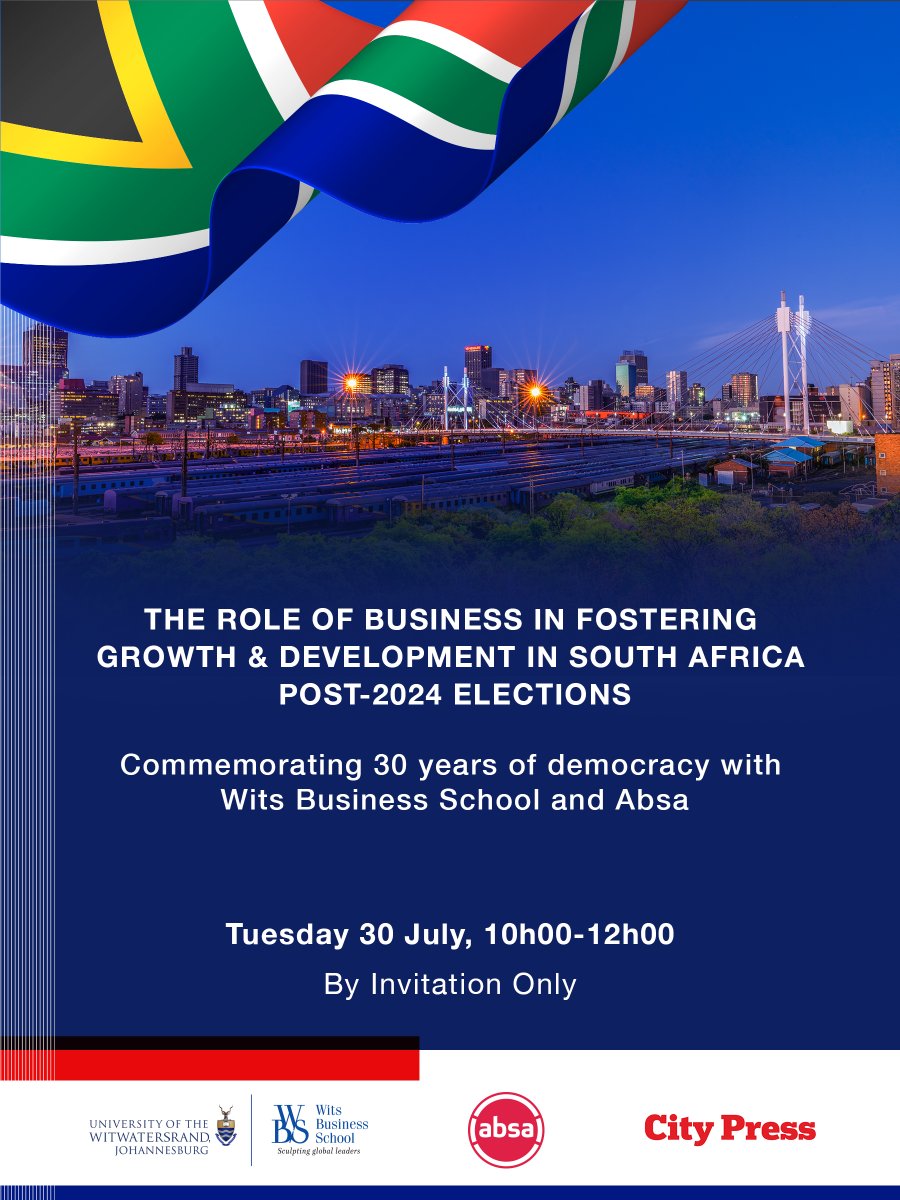 City_Press's tweet photo. We are pleased to partner with @witsbschool & @AbsaSouthAfrica in exploring the role of business in South Africa’s democratic transition, and its likely evolution terms of impact on areas such as economic inequality & climate change.
Stay posted for more!
#WBS #WBSEvents #Absa https://t.co/KvdqyIP536