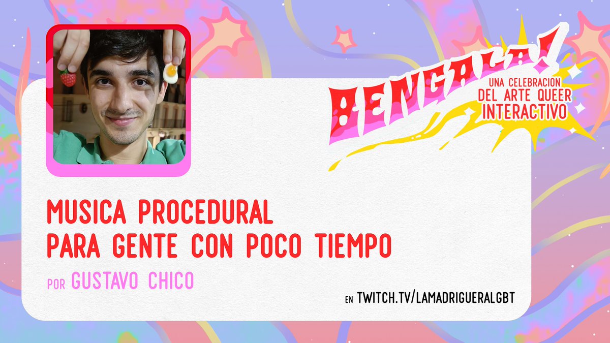La Madriguera LGBT+ (@madriguera_lgbt) on Twitter photo 📷 Charlitas en el Bengala! 📷
<a href="/Clovelt/">Clovelt - Gustavo Chico</a> trabajó en qomp, 10mg y ahora NOTEPIKE. Presenta un muestrario en directo de estilos inusuales para ejecutar audio reactivo y apoyado por código
"Música procedural para gente con poco tiempo", mañana a las 12:00h
twitch.tv/lamadrigueralg… 📷 Charlitas en el Bengala! 📷
<a href="/Clovelt/">Clovelt - Gustavo Chico</a> trabajó en qomp, 10mg y ahora NOTEPIKE. Presenta un muestrario en directo de estilos inusuales para ejecutar audio reactivo y apoyado por código
"Música procedural para gente con poco tiempo", mañana a las 12:00h
twitch.tv/lamadrigueralg…