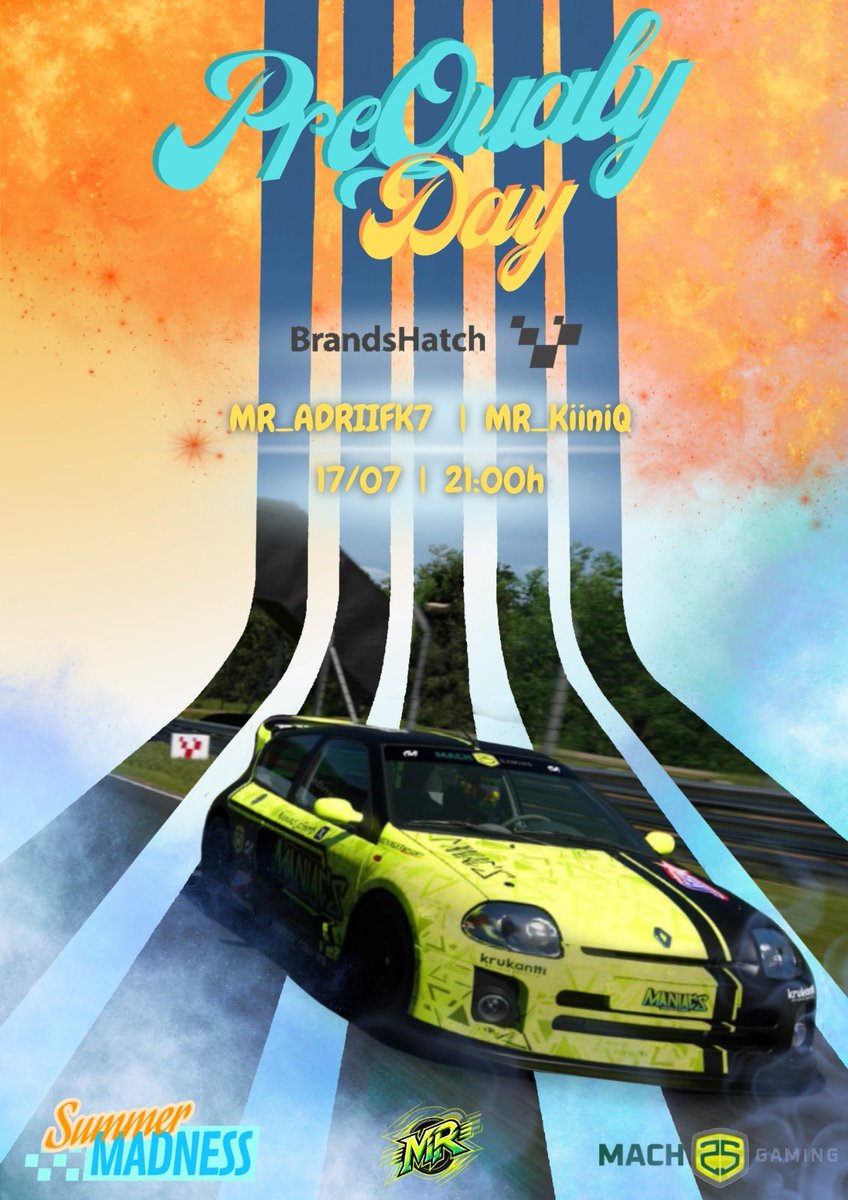 PREQUALY DAY⚠️⚠️

⏰21:00
🏎️Renault Clio V6
💚<a href="/KiiniQ_/">Kiinilian Mbappé</a> 
💚<a href="/ADRII_27_/">Adrijan!</a> 
🏁Brands Hatch

#thenewrevolution