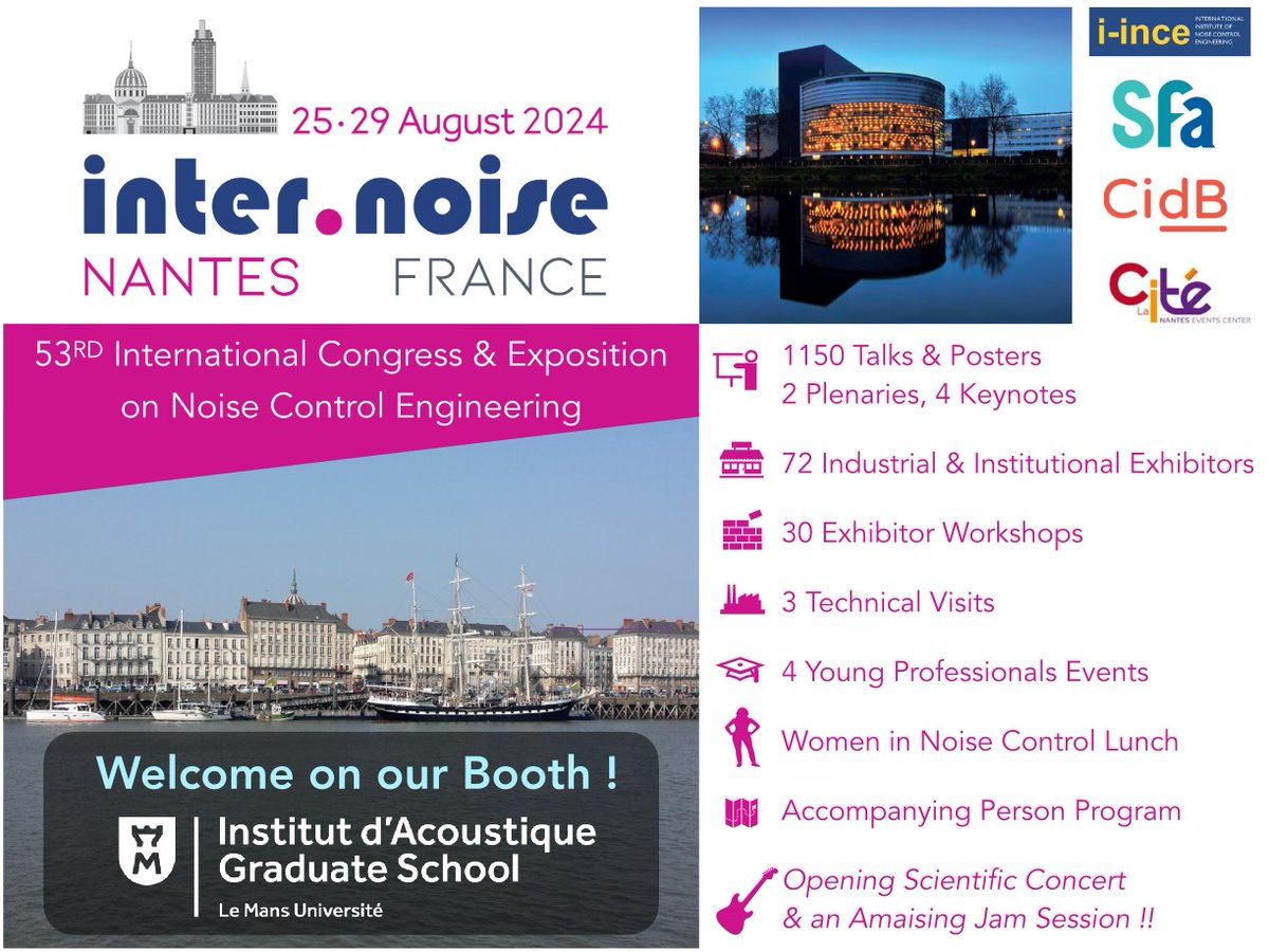 📅 The Institute will be present at #Internoise2024 📢 
Come and meet us on our stand all week from August 25 to 29 and find out more about <a href="/LAUM_UMR_6613/">Laboratoire d'Acoustique de l'Université du Mans</a> research activities and the Institute's acoustics training courses!