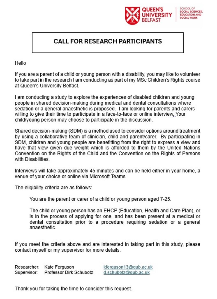 Are you
▶️ a parent/carer of a disabled child/young person (aged 7-25)?
▶️ that child/young person has experienced sedation/general anaesthetic for a dental/medical procedure?
▶️ able to spare 45 minutes to chat to me? 
Please get in touch - see below for details.  
#SEND
#UNCRC