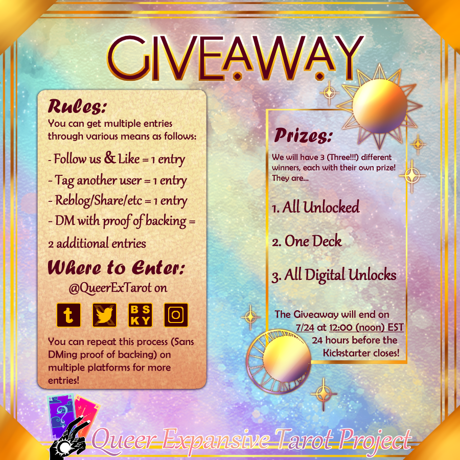 QueerExTarot's tweet photo. To celebrate one week left on our Kickstarter we've decided to host a giveaway!! We have 3 prizes, 1. the entire package: deck and all unlocks, 2. One deck and 3. All digital unlocks! It ends 7/24, one day before the project closes! So get your entries in! https://t.co/q27npGoH0g