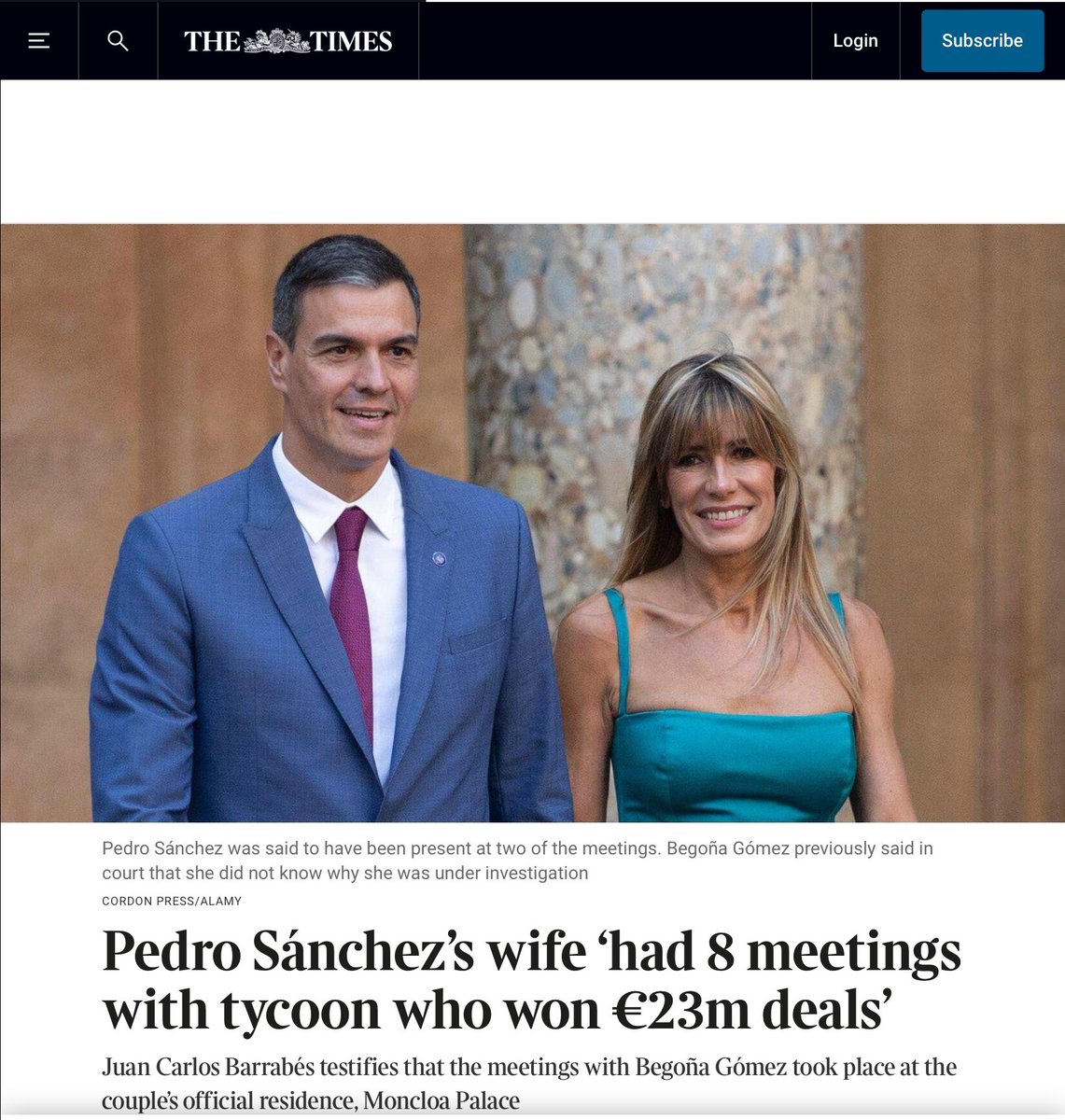 Robert_D00's tweet photo. The Times: "La mujer de Pedro Sánchez tuvo 8 reuniones con el magnate que consiguió acuerdos por 23M. Barrabés declara que los encuentros con Begoña Gómez tuvieron lugar en Moncloa"

La vergüenza del mundo, en cualquier otro país hubiera dimitido, aquí los medios lo niegan todo. https://t.co/7pqODpbK8K