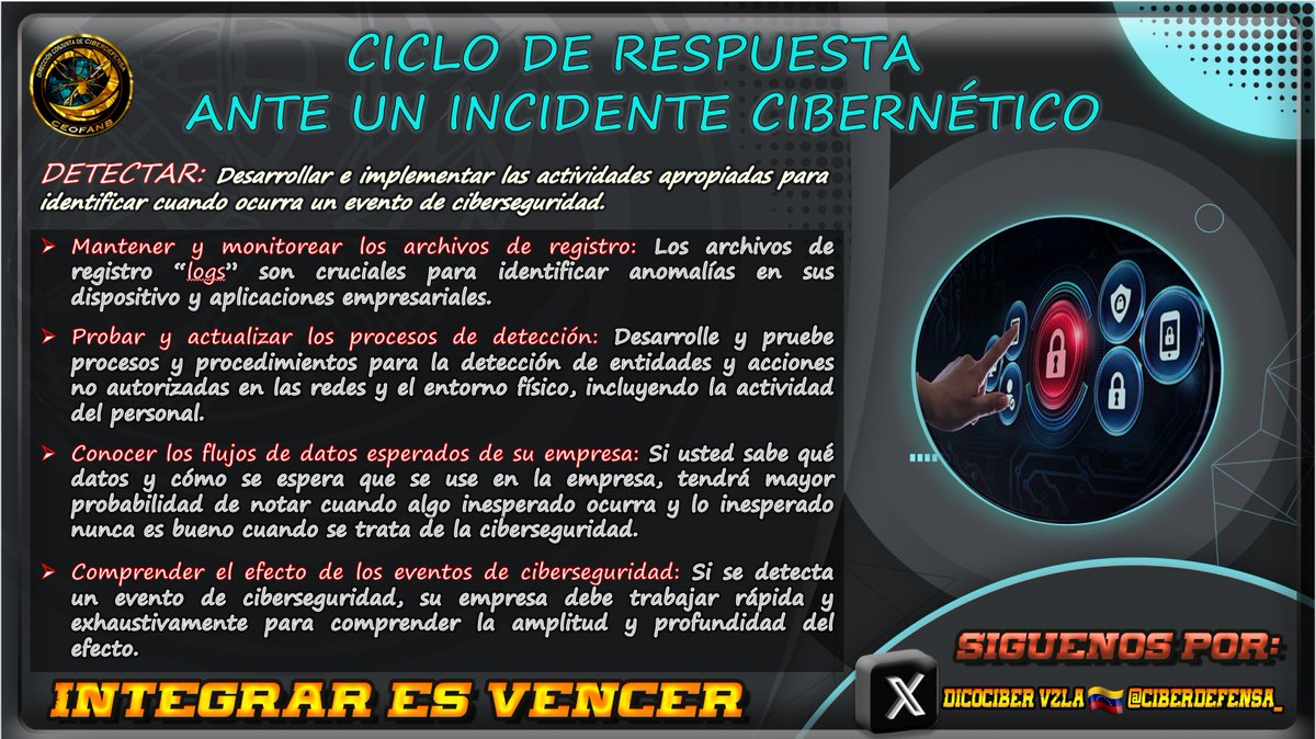 !ENTERATE¡♻️🛡️🌐🔒♻️
CICLO DE RESPUESTA ANTE UN INCIDENTE CIBERNÉTICO
DETECTAR
ontek.net/etapas-ciberse…
#RespuestaIncidentesCibernecticos
#Ciberseguridad
#Ciberdefensa