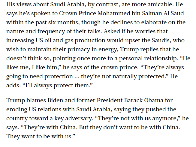 MattMartin128's tweet image. Former President Donald Trump on relations with Saudi Arabia
“He likes me, I like him,” he says of the crown prince. “They’re always going to need protection … they’re not naturally protected.” He adds: “I’ll always protect them.”
bloomberg.com/features/2024-… via @BW