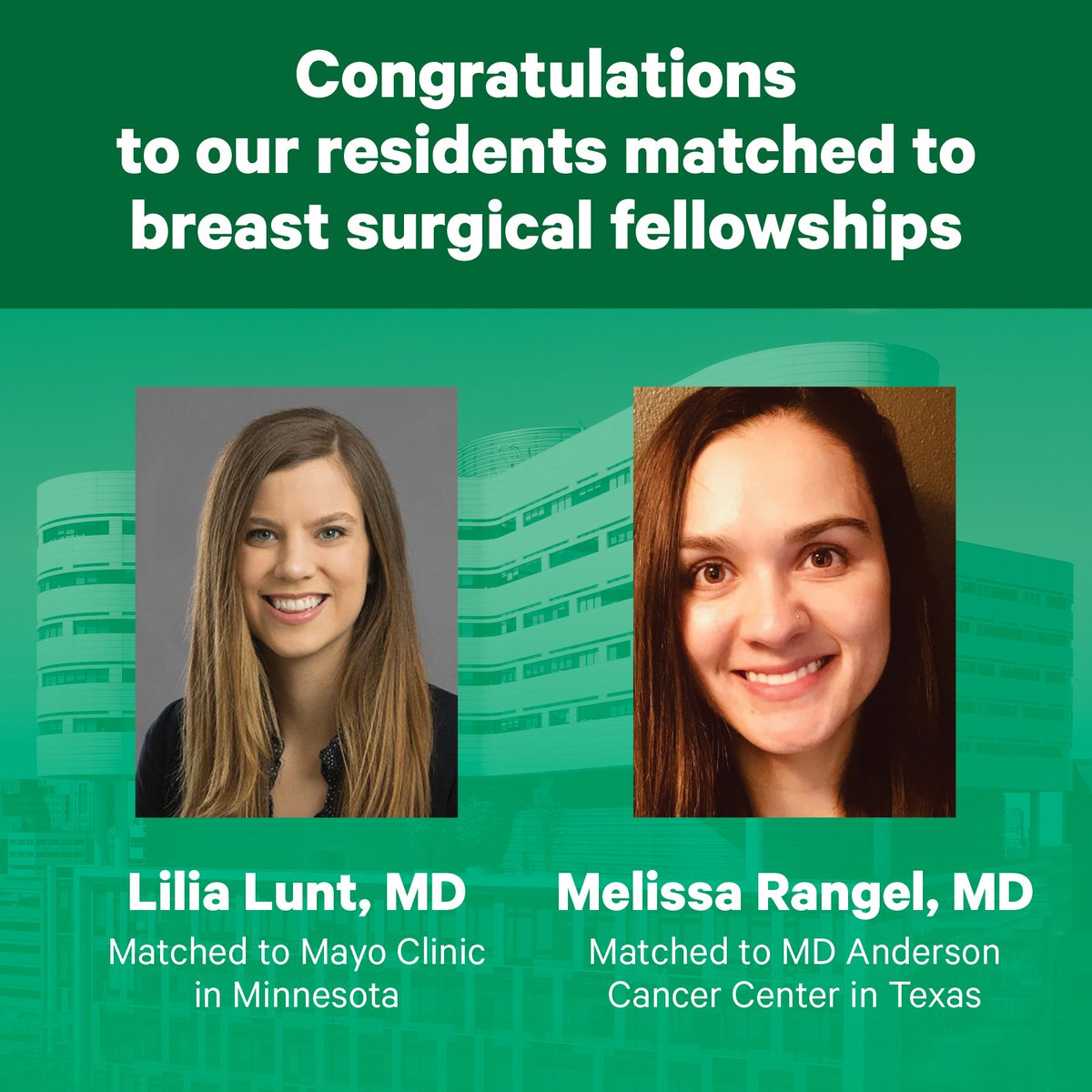 Rush Department of Surgery (@rushsurgery) on Twitter photo Congratulations to our <a href="/RushSurgery/">Rush Department of Surgery</a> residents Dr. Lilia Lunt and Dr. Melissa Rangel (@mmrangel5) who matched to breast surgical fellowships at Mayo Clinic and MD Anderson Cancer Center. Congratulations to our <a href="/RushSurgery/">Rush Department of Surgery</a> residents Dr. Lilia Lunt and Dr. Melissa Rangel (@mmrangel5) who matched to breast surgical fellowships at Mayo Clinic and MD Anderson Cancer Center.