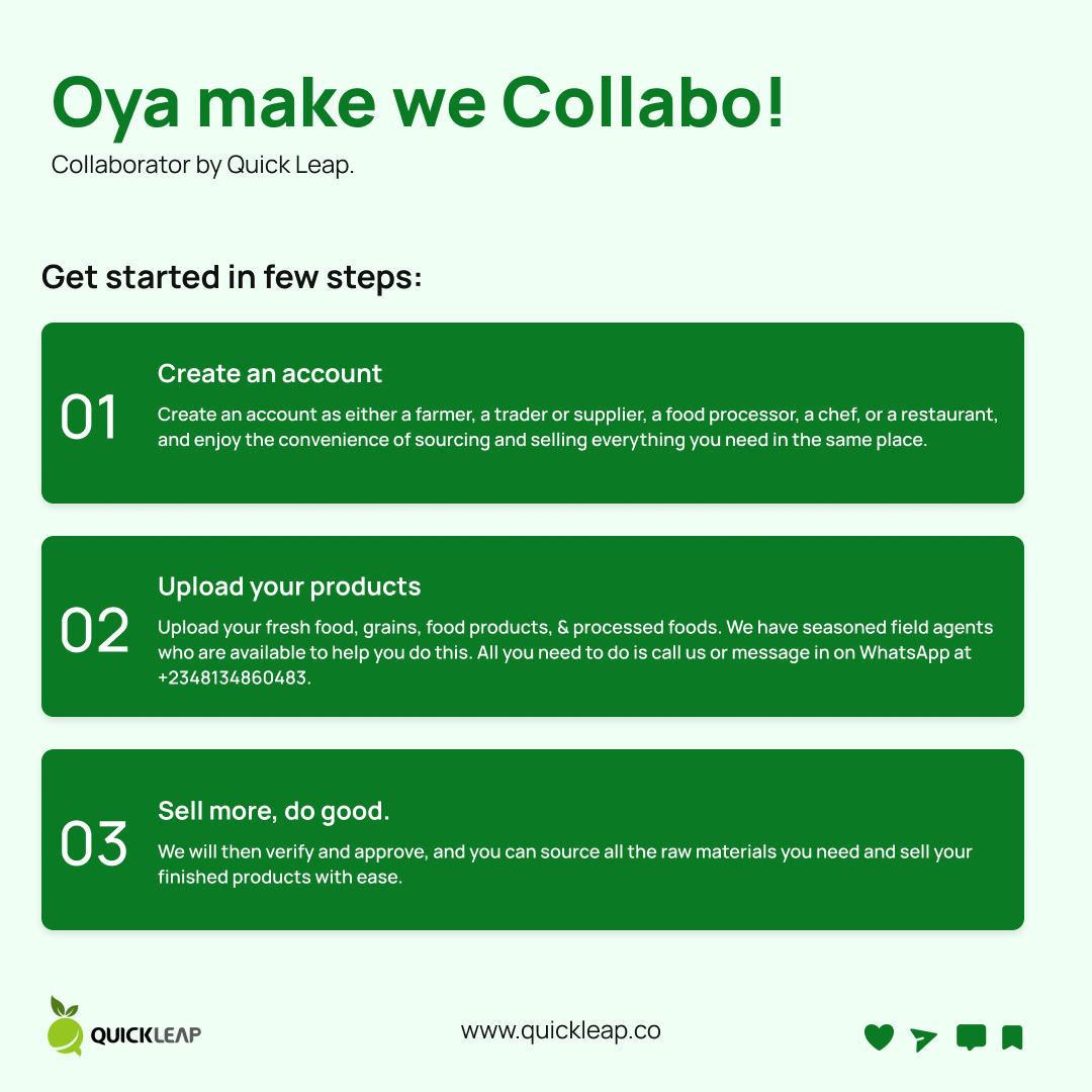 quickLeap's tweet photo. Do help spread the word! We live!!! πππ
Have an amazing Wednesday! π
#wednesday #collaborator #live #productlaunch #platform #sales #sellmore #quickleap #freshfood #b2b #growth #foodlover #foodblogger #foodblog #foodcommunities #foodcommunity #lagos #agtech #foodandwine https://t.co/GK2xZ0YHIu