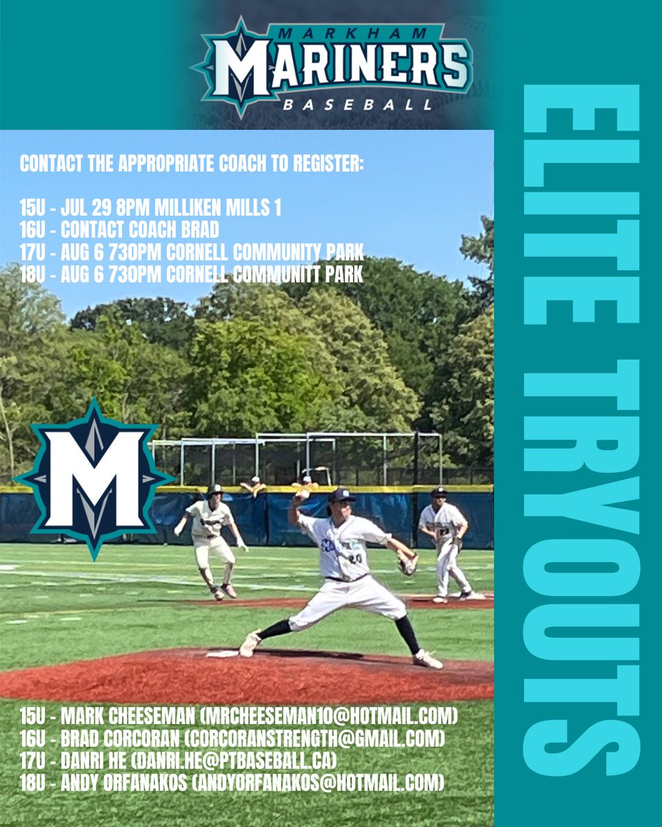 Announcing the Elite Tryout schedule for the 2025 EBLO season! Please contact the Head Coach directly to register. Tryout fee is $20 (waived if you previously attended one of our ID Camps).  Please check our website site for details markhambaseball.com