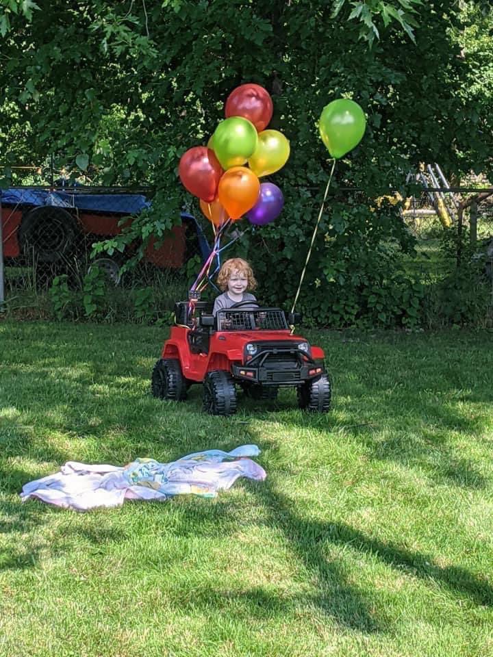 ShannaCarroll80's tweet photo. Oh my heart. Finn was so tiny lol. The year he got a Jeep like mommy, with Angry eyes too. 🩵🩵🩵 #julycancer 
#gingerbaby #daywalker https://t.co/8Xcvv2CzvX