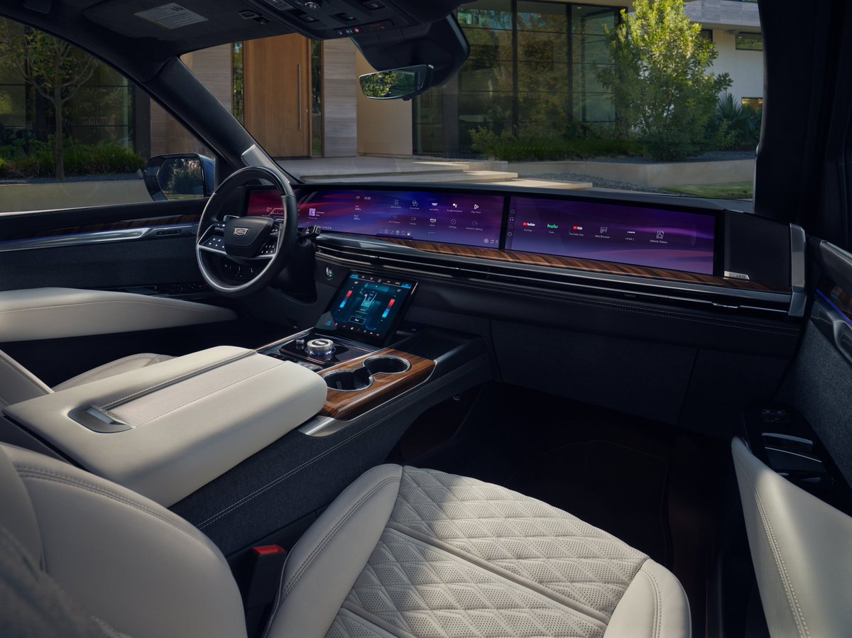 cole_marzen's tweet photo. The 2025 Cadillac Escalade breaks cover with fresh styling revisions, a massive 55-inch ultra-widescreen display, a column-mounted gear selector, a newly available Executive Second Row package, standard Super Cruise, as well as a 420 hp 6.2-liter naturally-aspirated V8 engine. https://t.co/GmvaNdVrxt