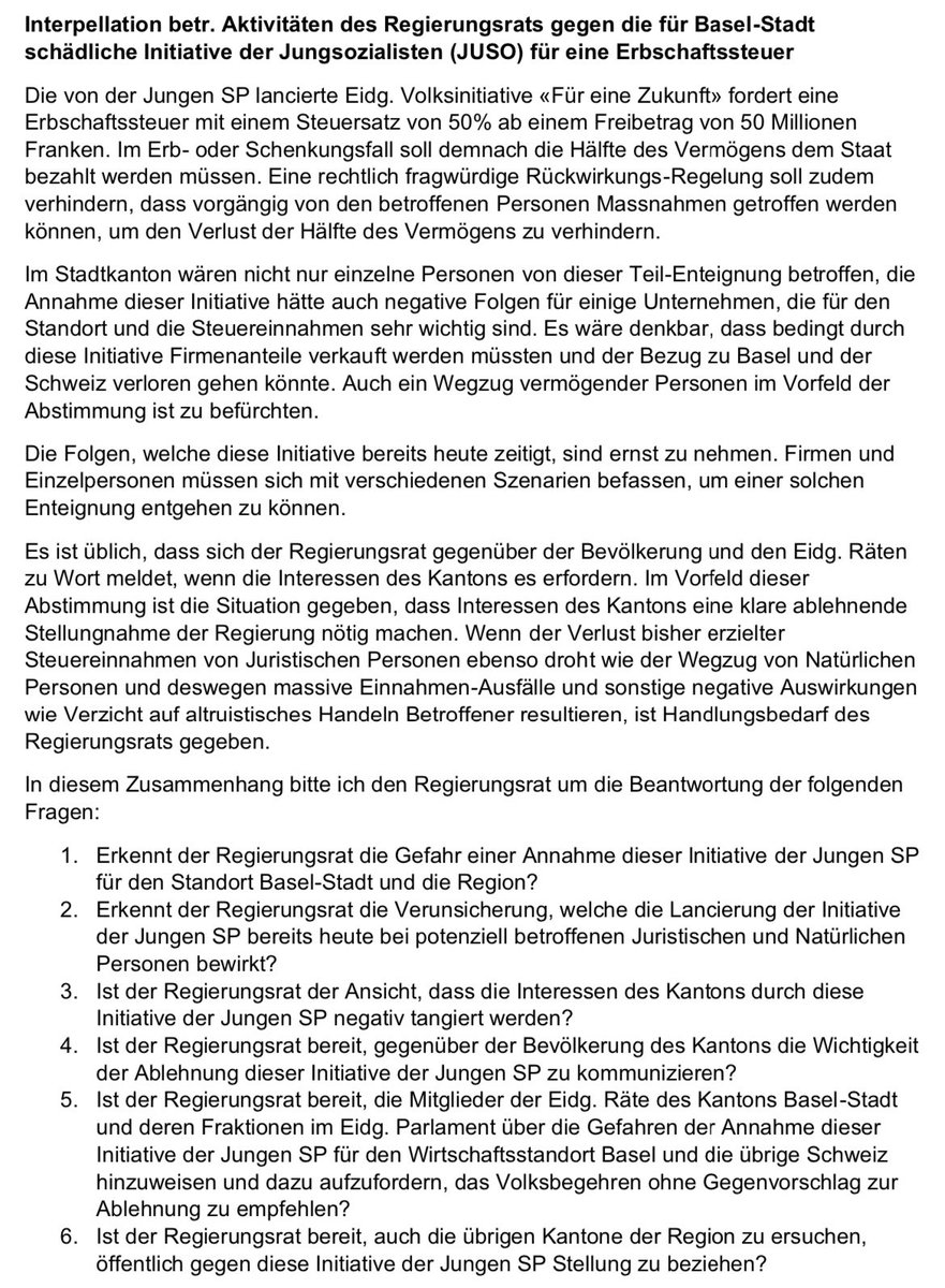 Neue Interpellation: sieht der Regierungsrat das riesige Schadenspotenzial für unseren Kanton, das die JUSO Erbschaftssteuerinitiative mit sich bringt? Das führt nicht zu mehr Gerechtigkeit, sondern zu unkontrollierten Firmenübernahmen und Abnahme des Steuersubstrats. <a href="/LDP_BS/">LDP Liberaldemokratische Partei Basel-Stadt</a>