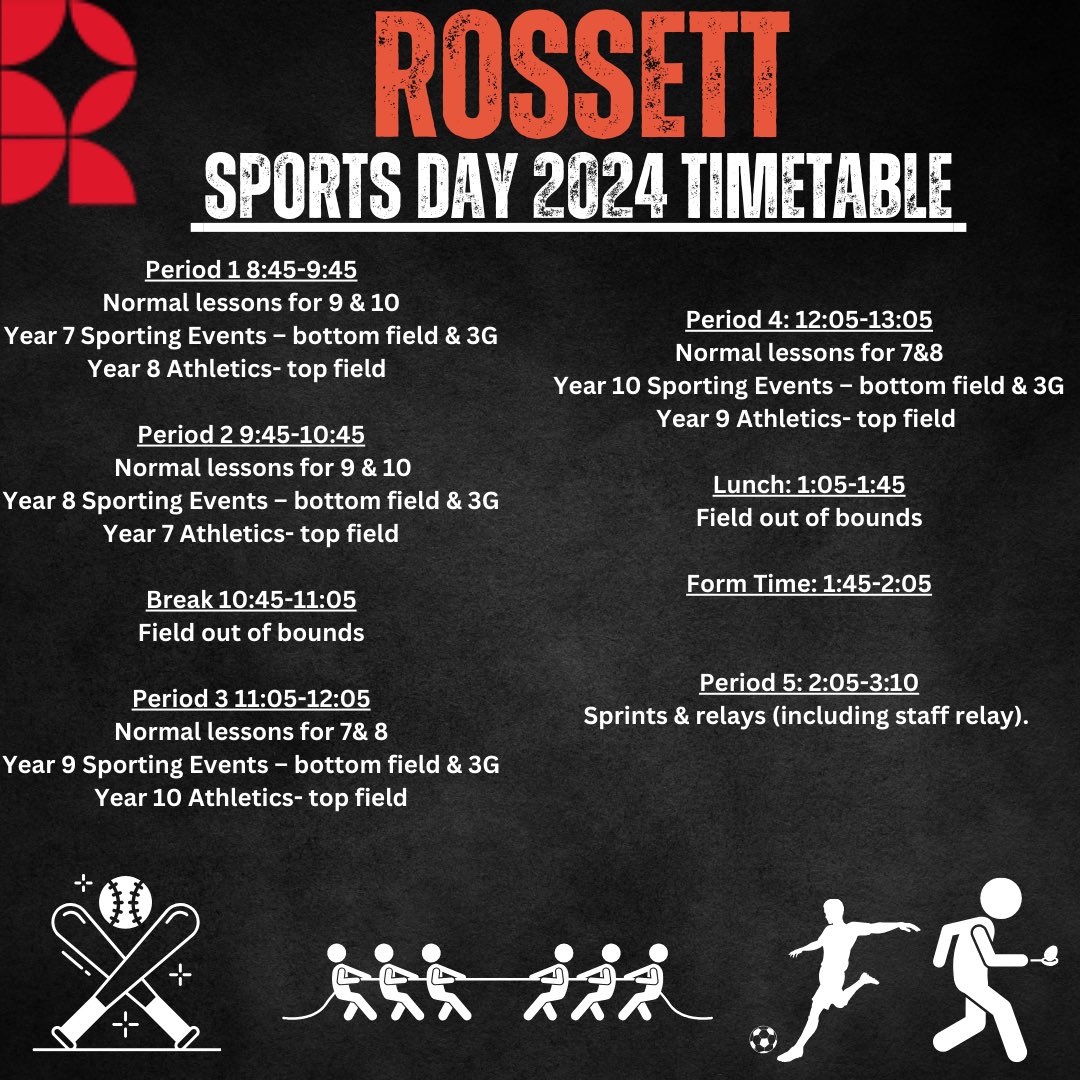 rossettPE's tweet photo. Rossett Sports Day tomorrow! Swipe right to see the timetable for day! Good luck to all students involved in the Sport and Athletics Events #PROUDTOBEROSSETT #ASPIRE #SUCCESSFOREVERYONE https://t.co/Jrn25G50qw