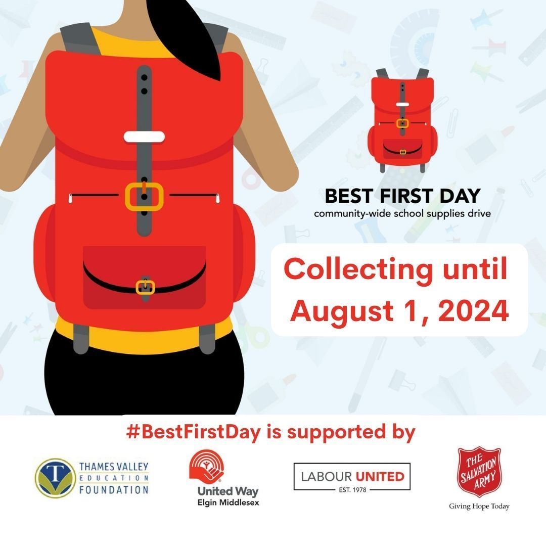 TVeducationFdn's tweet photo. We need you help! Until Aug. 1, donate brand new school supplies to ensure all @tvdsb students have the #BestFirstDay. Head to https://t.co/LhaBkerRS7 to find out what supplies are needed and where/when to drop off. Proudly supported by @tveducationfdn @londoncfs1 @unitedwayemca https://t.co/cA1QCjWhnv