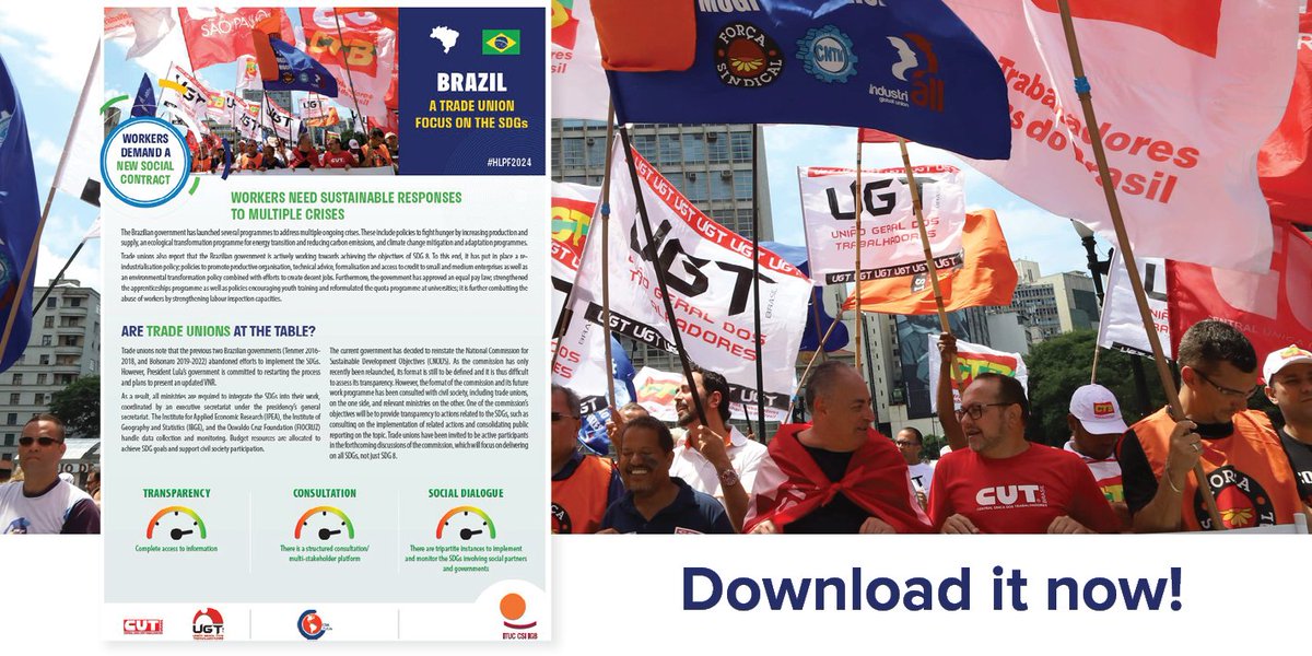 ituc's tweet photo. We welcome President Lula's commitment to reviving the #SDGs in #Brazil🇧🇷. Trade unions look forward to achieving #sustainabledevelopment centred on #decentwork #rights & #inclusion ➡️https://t.co/BUsojEuV9Z
#timefor8 #HLPF2024 #NewSocialContract @csa_tuca @CUT_Brasil @UGT_BRASIL https://t.co/S7jRRpssI3