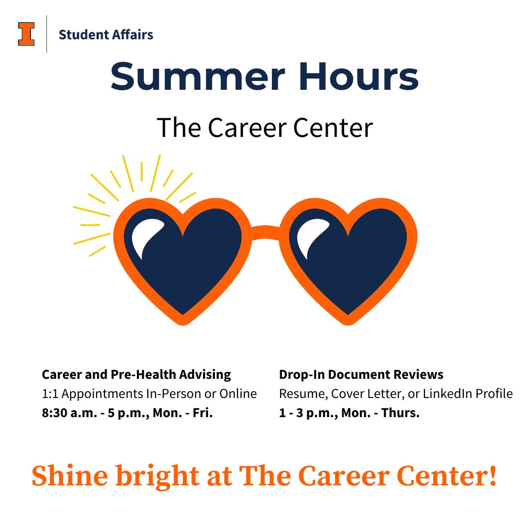 Check out our summer hours‼️ The Career Center is here for YOU this summer!☀️

#thecareercenterillinois #summerhours #goillini #shinebrightatillinois
