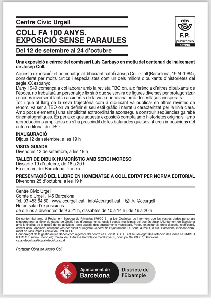 canyissa's tweet photo. Gran notícia!! S’anuncia exposició de Coll al Centre Cívic Urgell, comissariada per Luis Garbayo en motiu del centenari del naixement d’aquest clàssic del TBO. I a finals d’octubre, un llibre editat per Norma Editorial 👏🏻👏🏻 https://t.co/nXd5OcZB0q