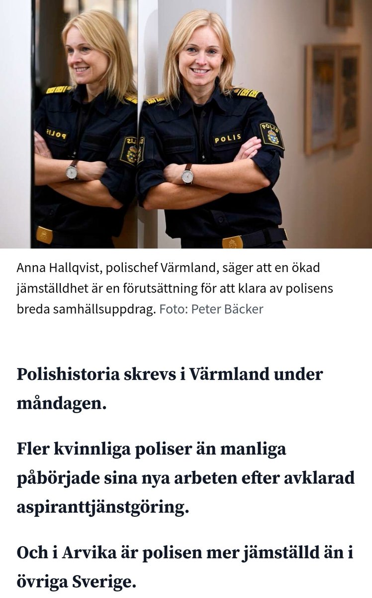 🔺️Kvinnlig polishistoria i Värmland.

Enligt Anna är dialog viktigt i arbetet mot kriminalitet.

Hur vi i Sverige ska överleva som nation iom den importerade kriminaliteten vet jag inte.

Jag vet dock att i Mellanöstern hade Anna sannolikt i flertalet länder stenats till döds!