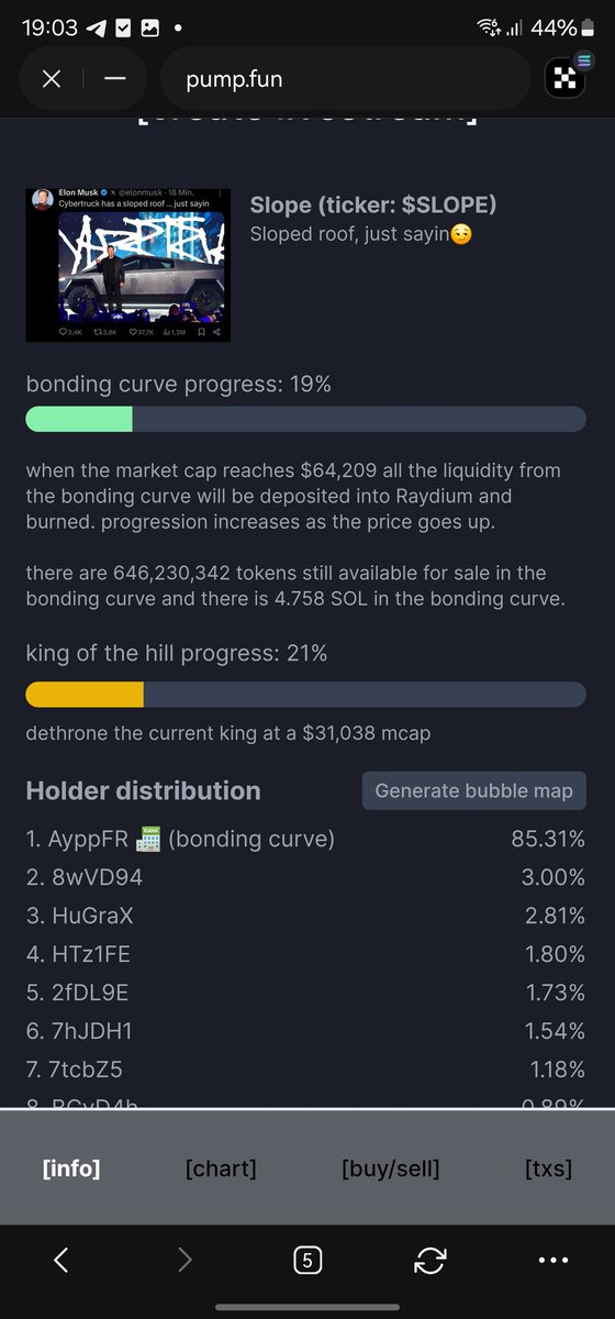 SlopedRoofPost's tweet photo. We are life on https://t.co/QGRuZwaN3a!
Lets Slope to raydium😏

#SOL #pumpfun #memecoin #ElonMusk https://t.co/P4Ra7TZKqq