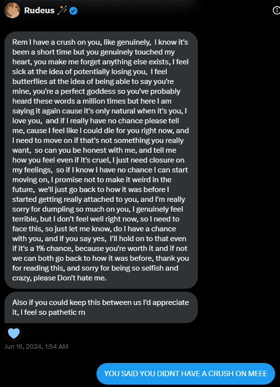 blyoof's tweet photo. I'm not comfortable with Sly and Mizu sharing DMs of my close friends but this is literally a case of 2 lonely dudes falling in love parasocially with someone online. Yes this account is shared and ran by multiple people but it's Twitter/X at the end of the day so who cares. I'm just here to post anime clips and like stuff. If you wanna be friends then we'll be friends but these constant flirting attempts from two BIG accounts is what made me want to leave and take a break from the space.