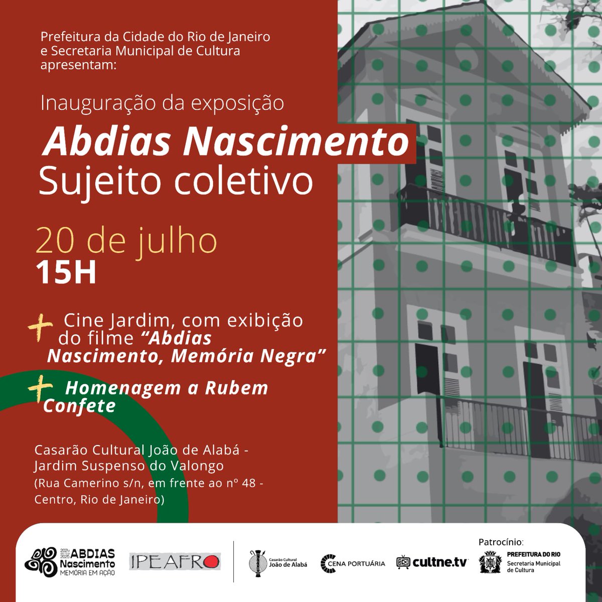 ipeafro's tweet photo. Exposição, cinema ao ar livre e homenagem a Rubem Confete. Vem com a gente!

🗓️ 20/07 (sábado), às 15h
📍Casarão Cultural João Alabá, Jardim Suspenso do Valongo
🏠 Rua Camerino s/n (em frente ao n° 48), Centro RJ Gratuito
Mais informações: https://t.co/VmUq0qYdvl https://t.co/xEczx09d5S