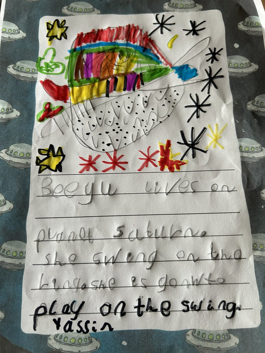 MrsGriffiths7's tweet photo. Drawing where we think Beegu has come from in drawing club today! Love how they’ve remembered lots of facts about the planets 🪐 #drawingclub #beegu #eyfs #writing https://t.co/8L7YdsRx5h