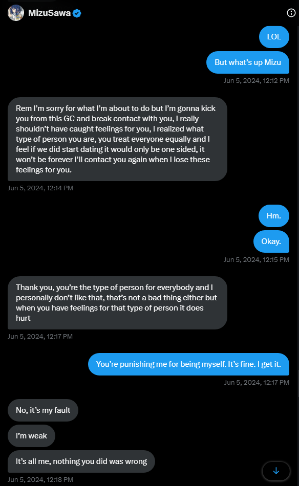 blyoof's tweet photo. I'm not comfortable with Sly and Mizu sharing DMs of my close friends but this is literally a case of 2 lonely dudes falling in love parasocially with someone online. Yes this account is shared and ran by multiple people but it's Twitter/X at the end of the day so who cares. I'm just here to post anime clips and like stuff. If you wanna be friends then we'll be friends but these constant flirting attempts from two BIG accounts is what made me want to leave and take a break from the space.