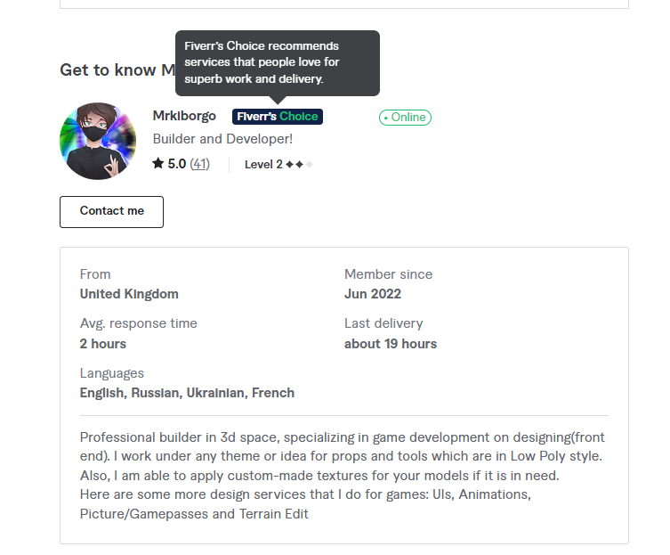 DakiBorGo's tweet photo. 🎊Finally receiving the "Fiverr's Choice" badge, all this hard work pays off! Come check me out - https://t.co/ZF9nrW9NgK 

#ROBLOX #RobloxDev #fiverr #freelancer #achievegoals https://t.co/dzkcM5M8Sh