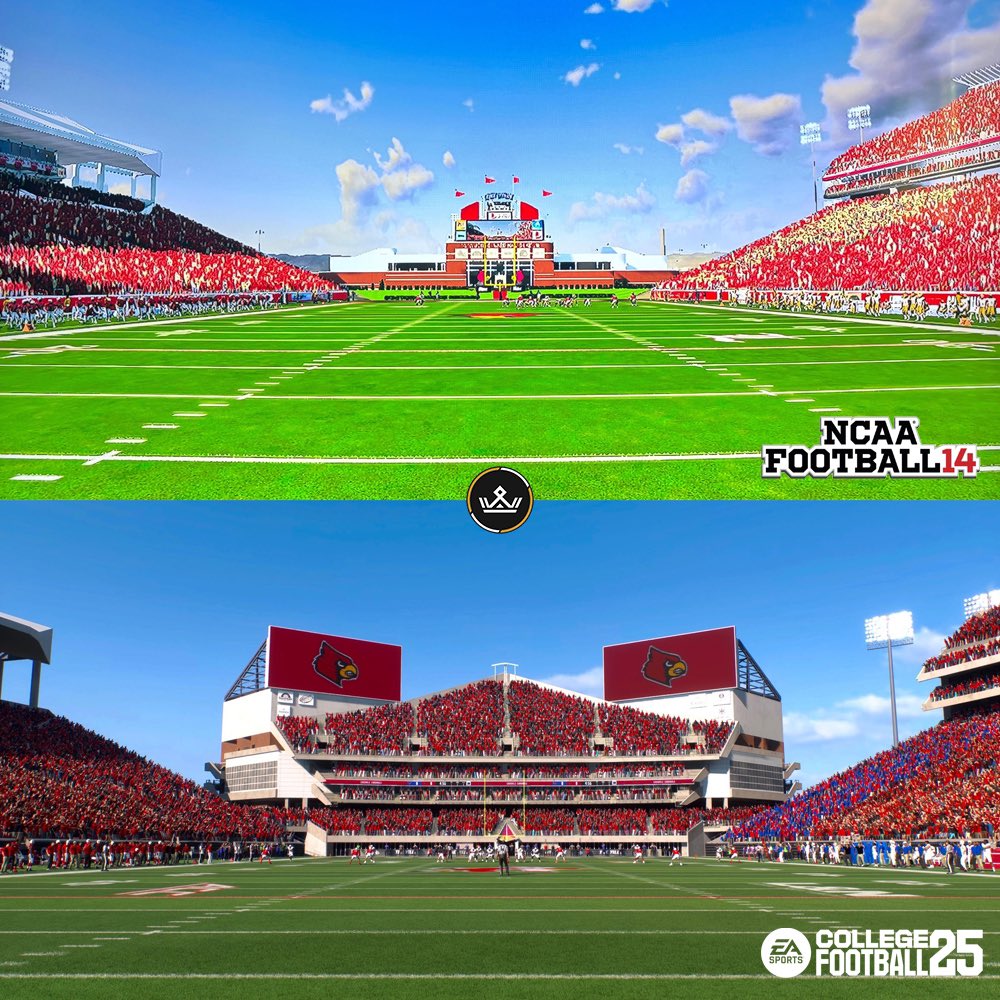 CFBKings's tweet photo. Louisville’s stadium in NCAA14 vs. in College Football 25 🎮🏟️ https://t.co/198abPulm6
