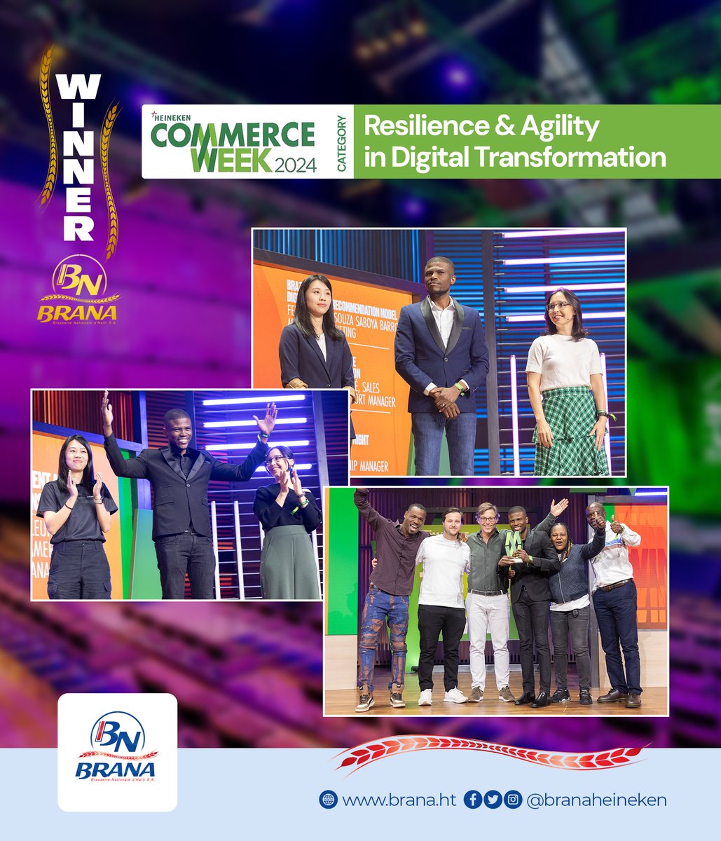 🎉 Une fois de plus Haïti se positionne à l'échelle mondiale! 🎉

Nous sommes fiers d'annoncer que la BRANA (Team Haïti) vient de remporter le Heineken Commerce Awards dans la catégorie Résilience &amp; Agilité en Transformation Digitale. Cette victoire marque une étape importante
