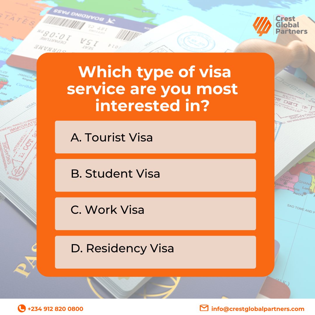 CGPLimited_'s tweet photo. Tell us which visa service excites you the most!
#CrestGlobalPartners #VisaServices #GlobalCitizen #TravelTheWorld #StudyAbroad #WorkAbroad #LiveAbroad #TravelAbroad
Citizenship by Investment - Citizenship by Residency - Travel - Visa Service - Immigration Service - Japa https://t.co/JLp42vC3nD