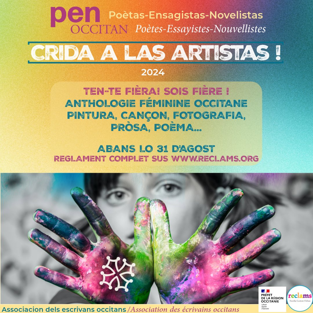 🖋️Crida del <a href="/PENOccitan/">PEN Occitan</a> e las edicions <a href="/reclams/">Reclams</a> a las artistas femininas occitanas !
📖Pintura, cançon, fotografia, pròsa, poèma...
🎨Per participar reclams.org/oc/arcuelh/act… d'aquí lo 31 d’agost !
❤️‍🔥Tenètz-vos fièras !❤️‍🔥
#tentefiera #soisfiere #penoccitan #reclams #DracOccitanie
