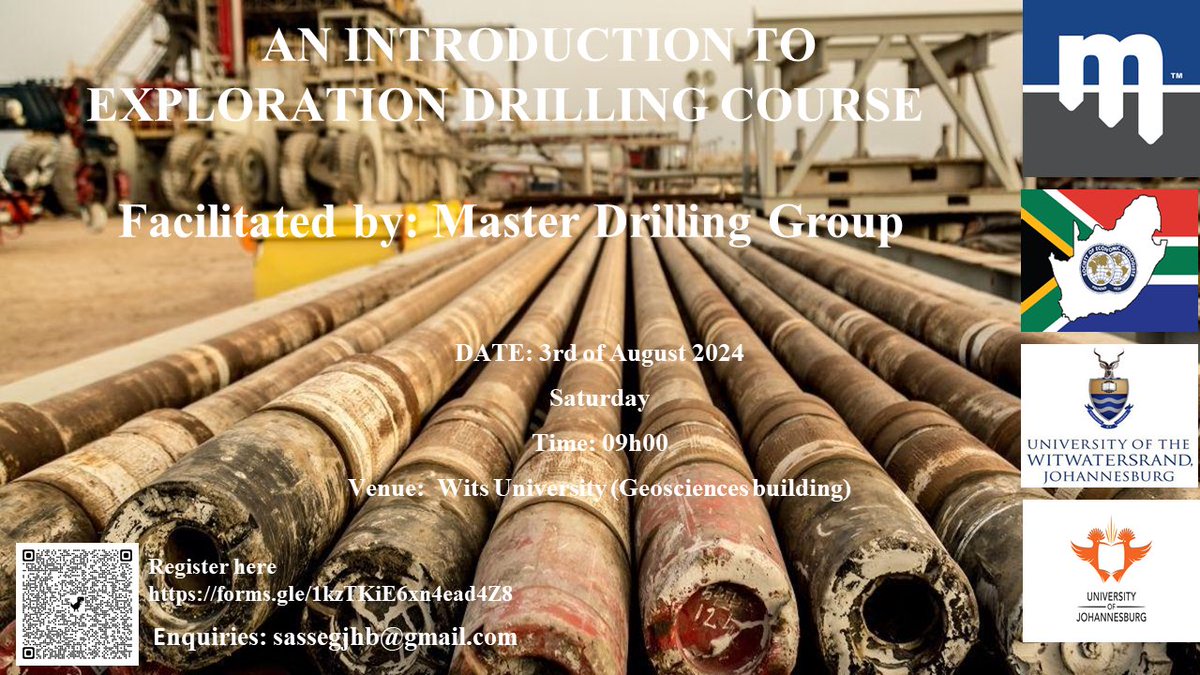 SASSEGJHB's tweet photo. SAS-SEG invites you to join an enlightening introduction to exploration drilling course, presented in collaboration with Master Drilling Group, global leaders in innovative drilling solutions.
Scan the QR code on the poster to register.
Looking forward to seeing you all there…💃 https://t.co/XrB5Lfa4CL