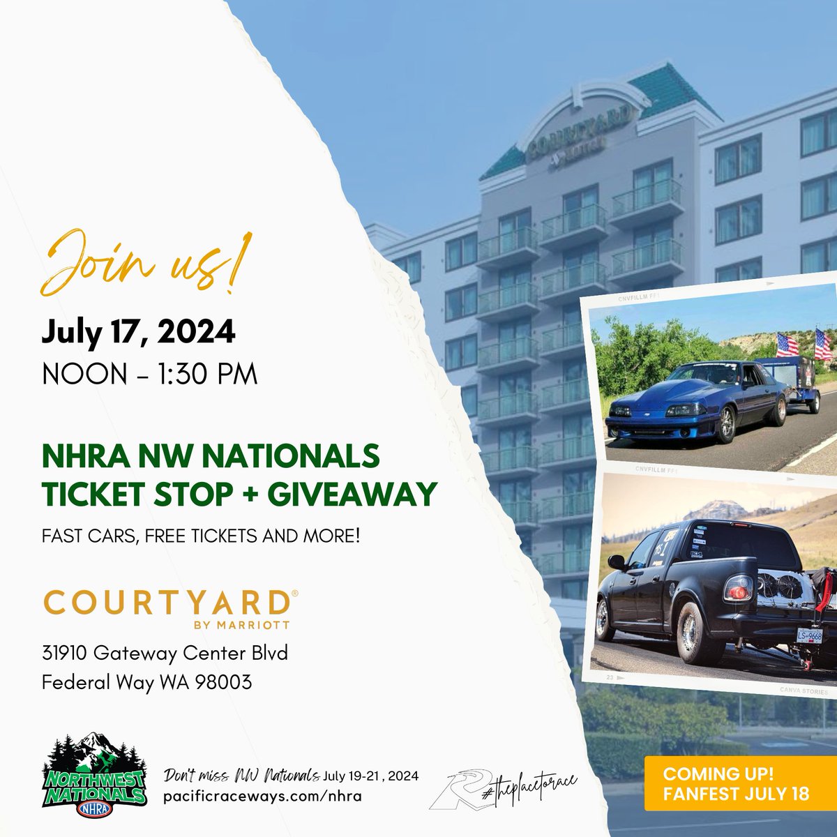 theplacetorace's tweet image. Meet up with Drag &amp;amp; Drive Cars and our Drag Manager Jeremy Scrivner at the Courtyard by Marriott Federal Way TODAY from Noon to 1:30pm → enter to win tickets to #NorthwestNats while supplies last!

#SpeedForAll #theplacetorace #NHRA @NHRA @MissionFoodsUS