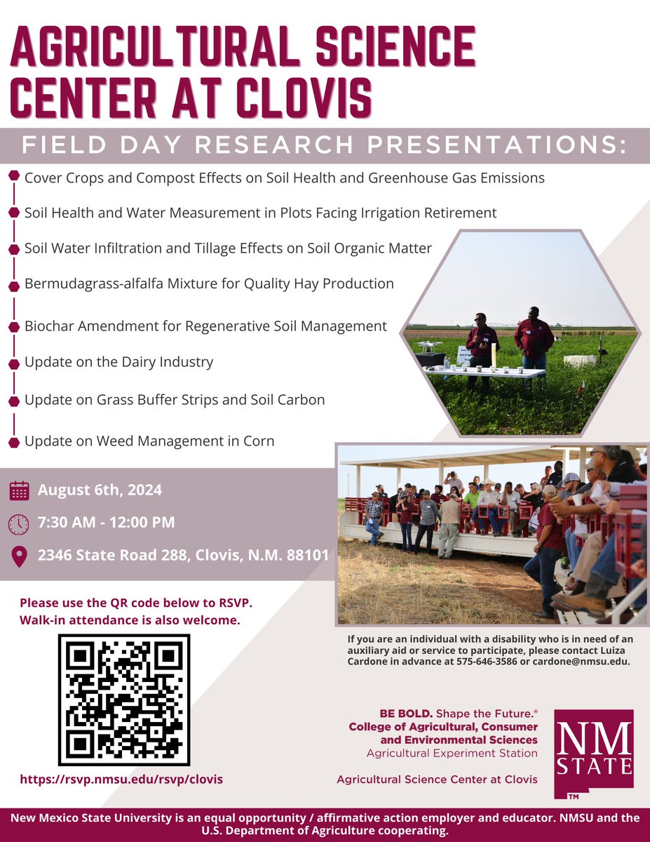 You are invited to the Annual Field Day for the Agricultural Science Center at Clovis on August 6th. Registration will start at 7:30 am and research presentations will start promptly at 9:00 am. The event is free and open to the public. Lunch will be provided.  #AES #nmsu