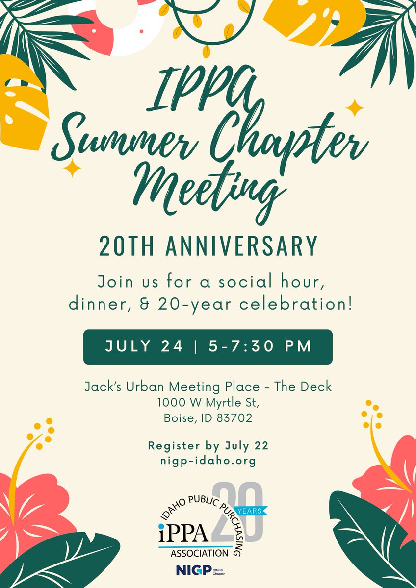 IPPA_NIGP's tweet photo. Next week is our 2024 Summer Chapter Meeting - 20th Anniversary Edition at @JUMPboise, 7/24, 5-7:30 p.m. Social hour starts at 5 p.m. followed by dinner, &amp; a presentation from @bobthebuyer, charter member &amp; past president. Register by 7/22 at 3:00 p.m.! https://t.co/i5kxGaOt7B https://t.co/oS2mxbAqxI