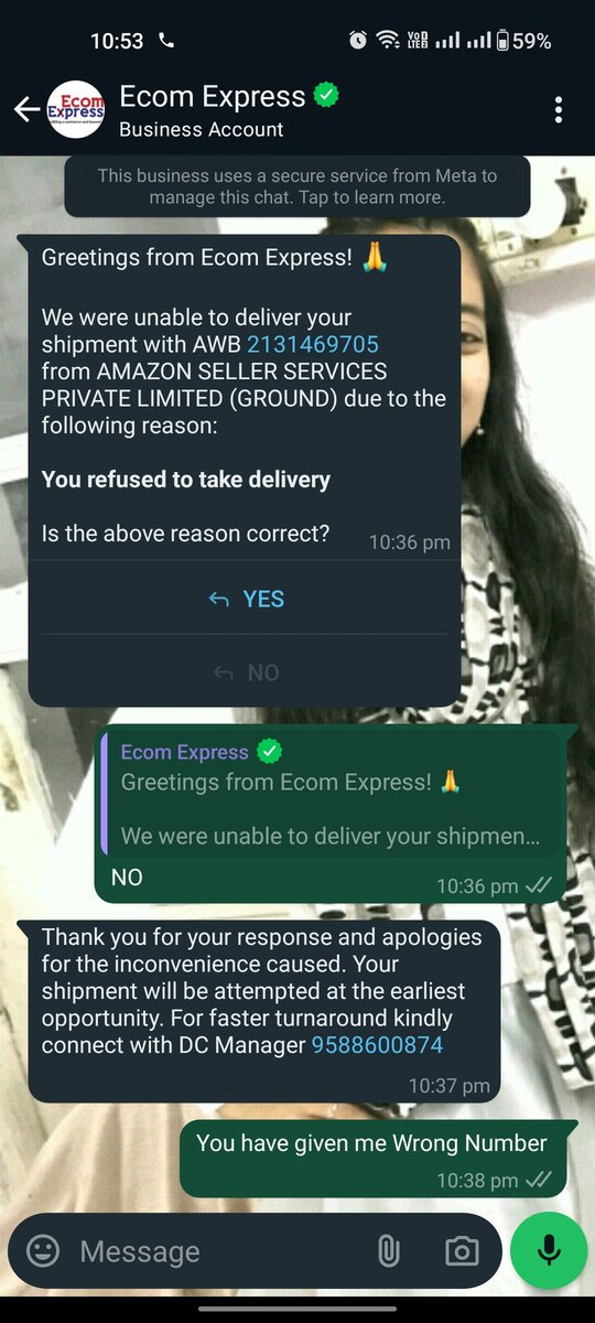 umsishaikh's tweet photo. @amazonIN @EcomExpress_Ofc Amazon and Ecom Express doing their manmaani... The delivery partner never showed up at my house and even after giving my response, Amazon went ahead and cancelled my order on its own... Relying on liar delivery agents and their employees 🤥 https://t.co/gD2NADtTWZ