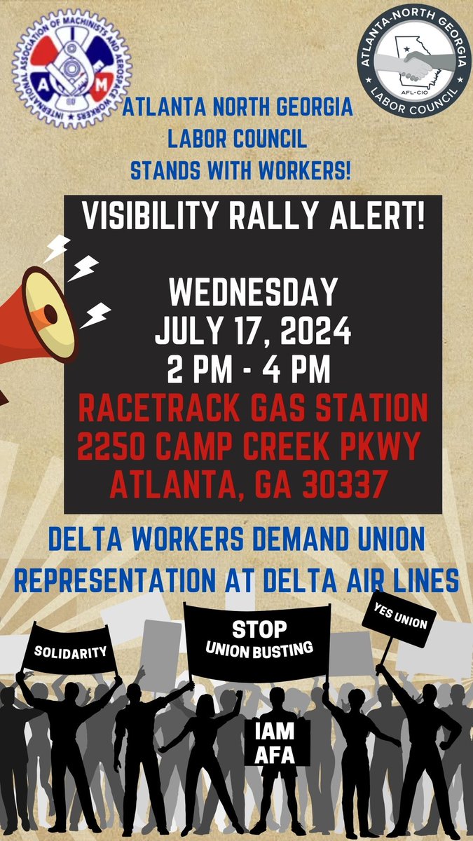 ATL_Labor's tweet photo. WE WILL BE THERE TODAY TO SUPPORT DELTA WORKERS !! BEAT US THERE!  @MachinistsUnion https://t.co/tUA0KtTSuu