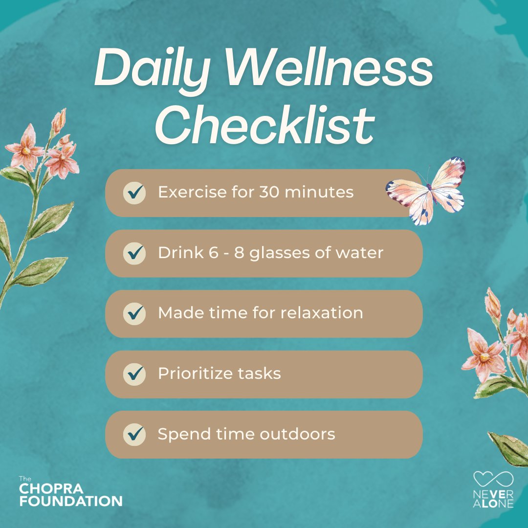 NeveraloneWorld's tweet image. Daily Wellness Check! 🌞✨ Did you get your 30 minutes of exercise, stay hydrated with 6-8 glasses of water, make time to relax, prioritize tasks, and enjoy a moment outdoors today? Your well-being matters! 🌿💪 #WellnessWednesday #SelfCare #HealthyHabits