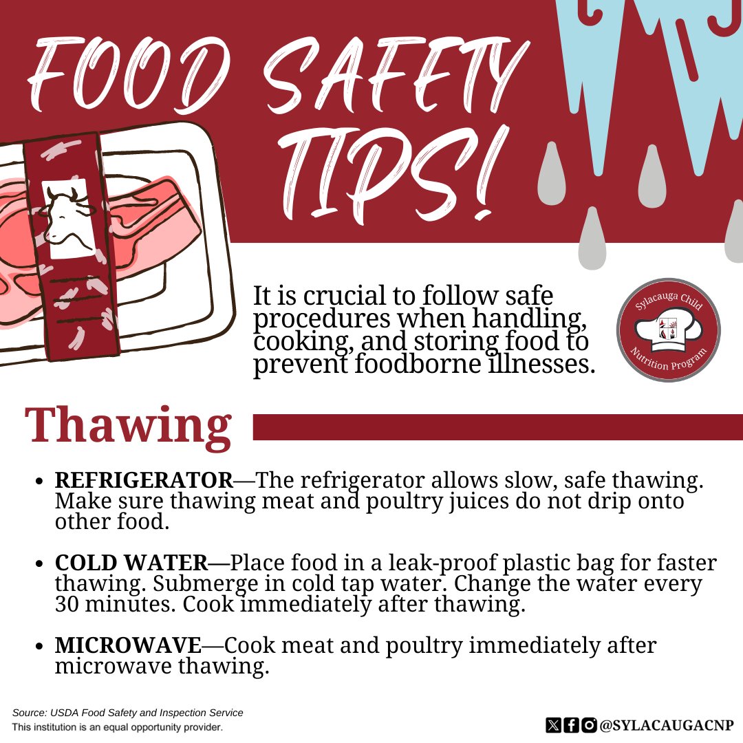 Thaw food properly to ensure it’s safe to cook and eat! 🥩➡️🔥

#SylacaugaAL #SylacaugaAlabama #Sylacauga #ALschools