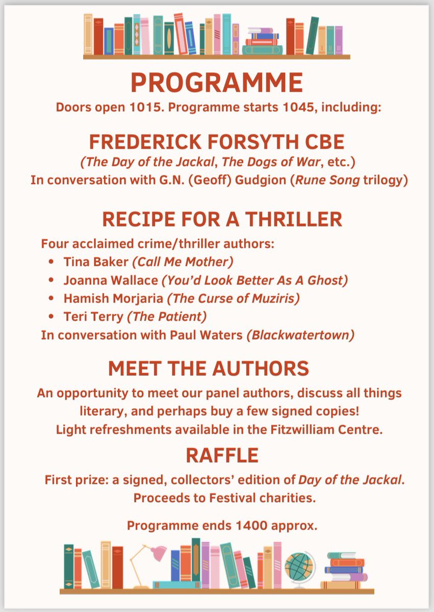 Welcome to the inaugural #Beaconsfield Literary Festival featuring authors Frederick Forsyth <a href="/TinaBakerBooks/">Tina Baker</a> <a href="/JoWallaceAuthor/">Joanna Wallace</a> @TeriTerryWrites <a href="/HamishMorjaria/">Hamish Morjaria</a> <a href="/GeoffreyGudgion/">Geoffrey Gudgion</a> and <a href="/PaulWaters99/">Paul Waters</a>. All tickets sale to local charities. Buy yours here eventbrite.co.uk/e/beaconsfield…