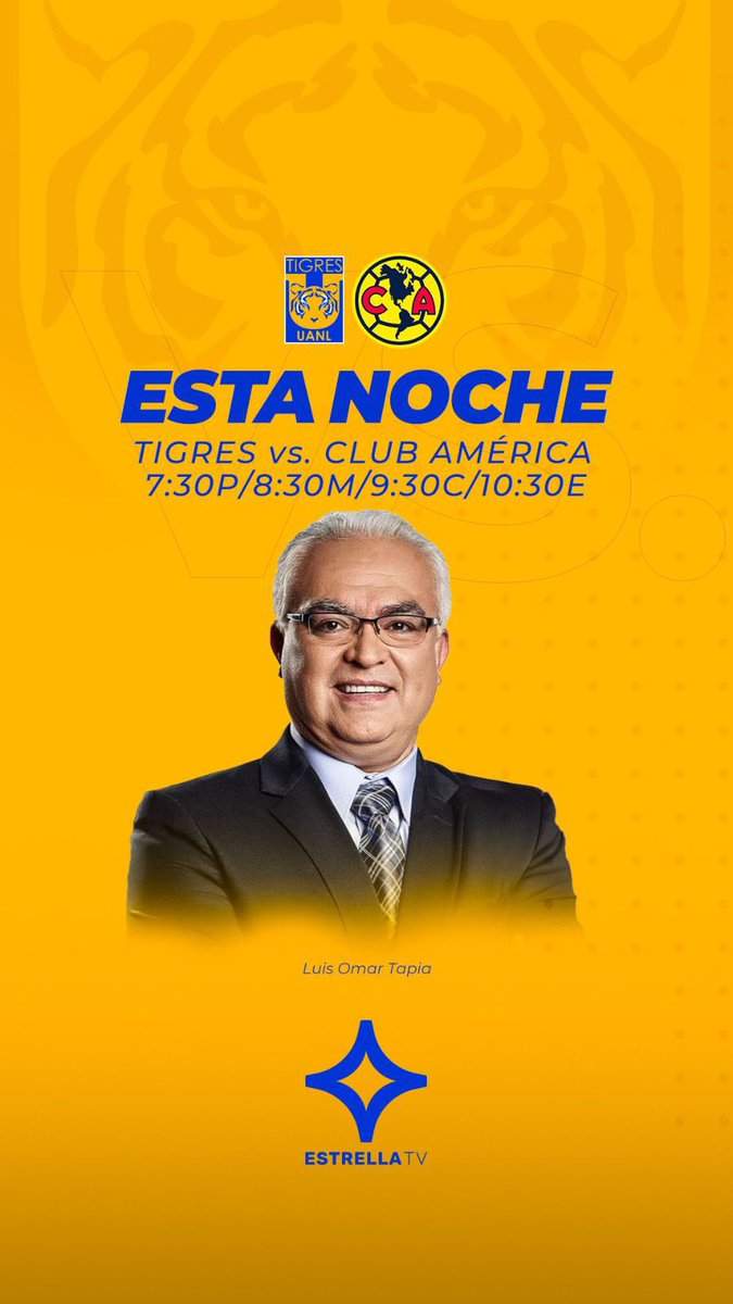 ¡Hoy! 🔥

Los espero en <a href="/estrellatv/">Estrella TV</a> desde el Estadio Universitario para el <a href="/TigresOficial/">Club Tigres 🐯</a> vs <a href="/ClubAmerica/">Club América</a> 

Relato junto a <a href="/Pellomaldonado/">Pello Maldonado</a> y <a href="/cindyimperial5/">Cindy Imperial</a> 

Se vienen 90 minutos del deporte más hermoso del mundo.