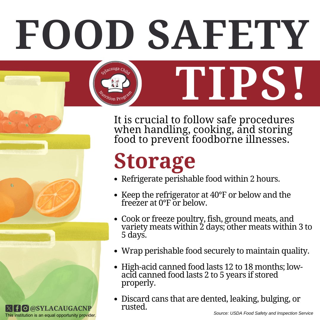 Proper food storage prevents spoilage! Follow these guidelines to keep your food safe. 🥫🛑

#SylacaugaAL #SylacaugaAlabama #Sylacauga #ALschools