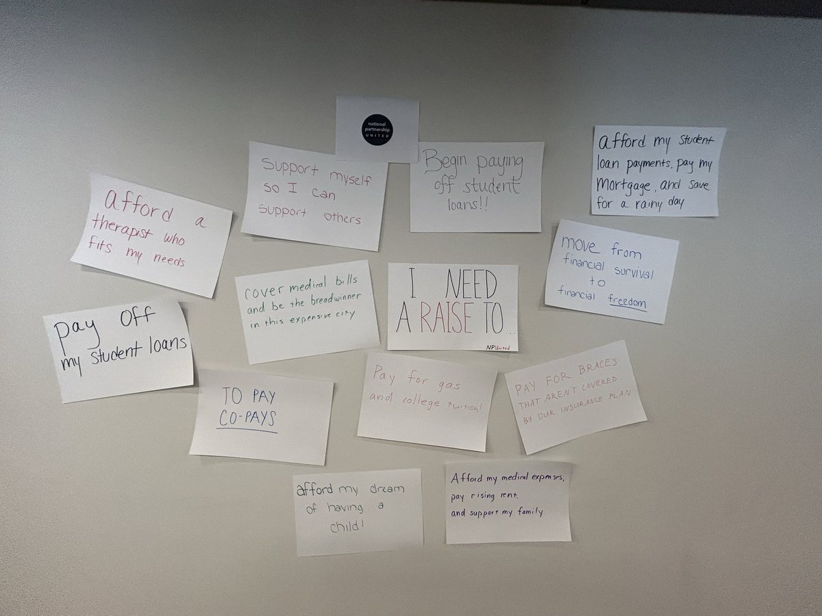 Our members want to make it clear to <a href="/NPWF/">National Partnership</a> why we all need -- and deserve -- a raise! Our members need to pay for medical care, rent increases, student loans &amp; so much more. We deserve to move from financial survival to financial freedom. #1u #UnionStrong <a href="/NonprofitUnion/">NPEU</a>