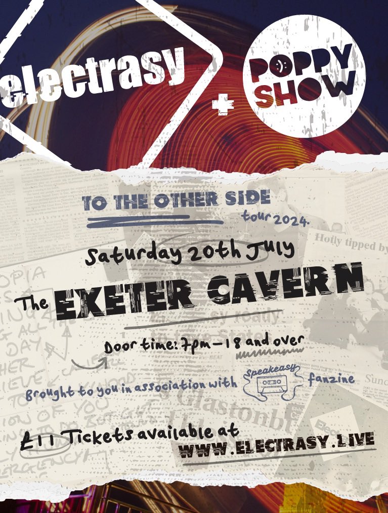 Electrasy end their current run of shows at the <a href="/ExeterCavern/">Cavern</a> on Saturday evening with <a href="/poppyshowband/">poppyshow</a> — we have still have a few £11 tickets left 👉🏻 electrasy.show 🎟️