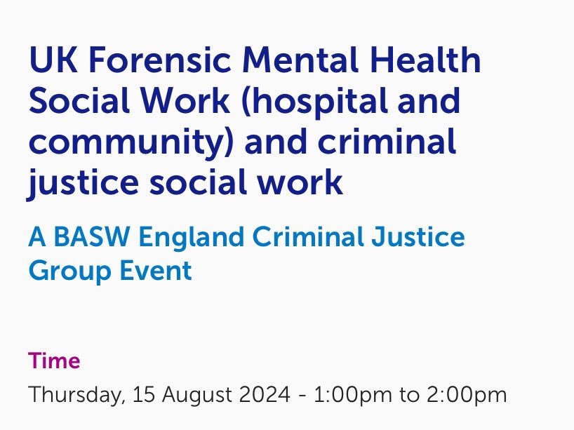 EVENT: Interested in forensic #mentalhealth social work? 

Join <a href="/dlgcochrane/">David Cochrane</a> on the 15th August 1-2pm for a lunchtime webinar. <a href="/BASW_UK/">BASW</a> 

Register for free via basw.co.uk/events/uk-fore…