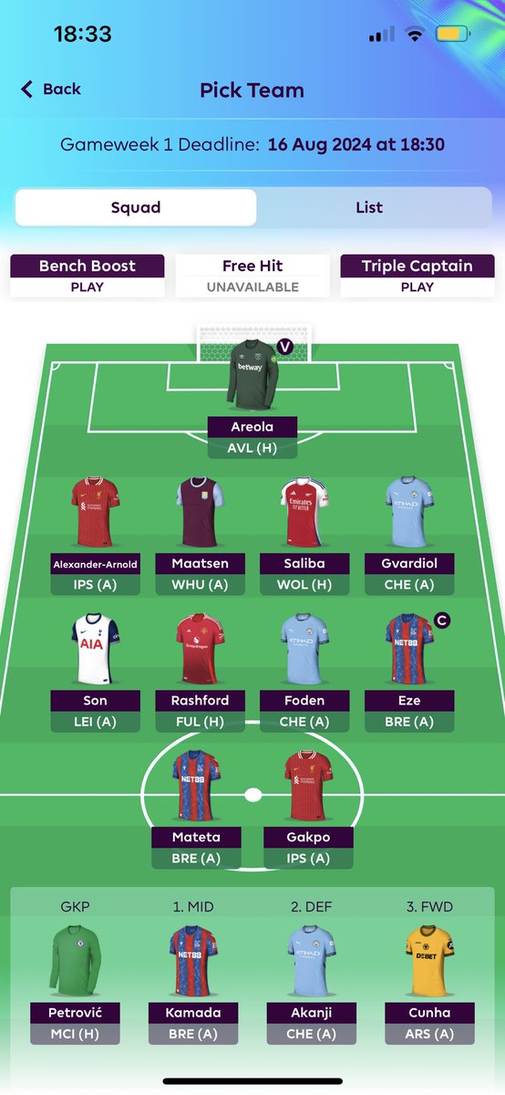 My first FPL draft of the year. Looking at the forward options without Haaland will probably hurt me but I’m coming for that top 10k finish